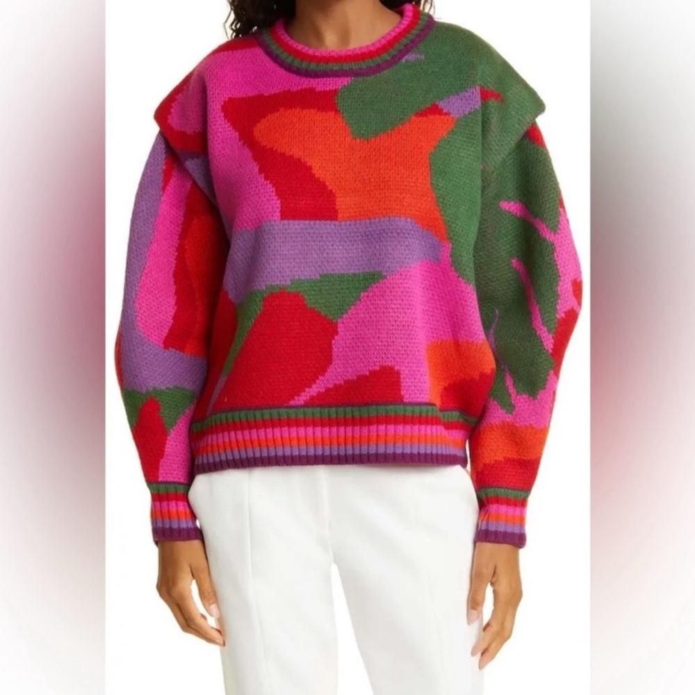 farm rio colorful abstract sweater - merino wool blend pink red green - XS/S euc - Picture 11 of 11